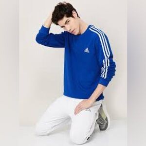 Adidas Men's Crewneck Sweater in Blue with White Stripes